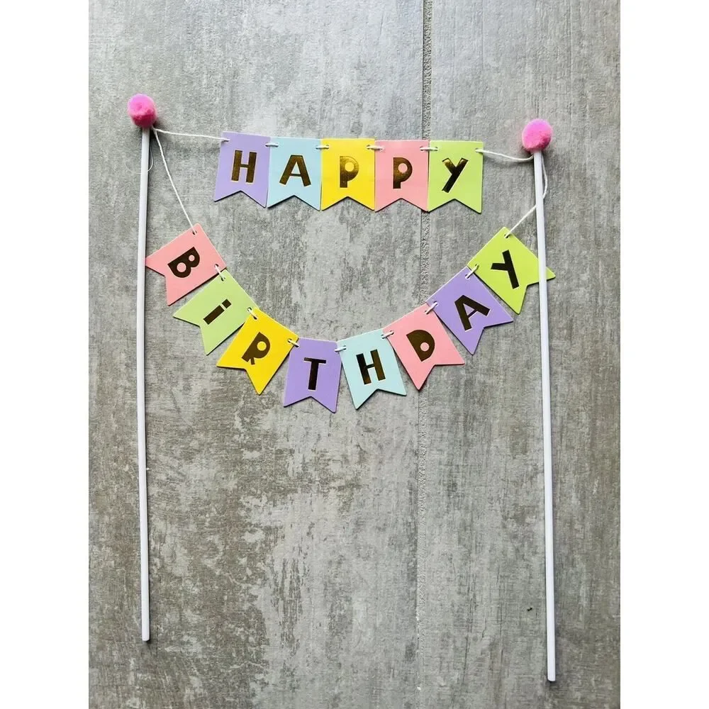 Happy Birthday Cake Topper String Banner NEW Rainbow Pastel Pom Pom Girls Kids